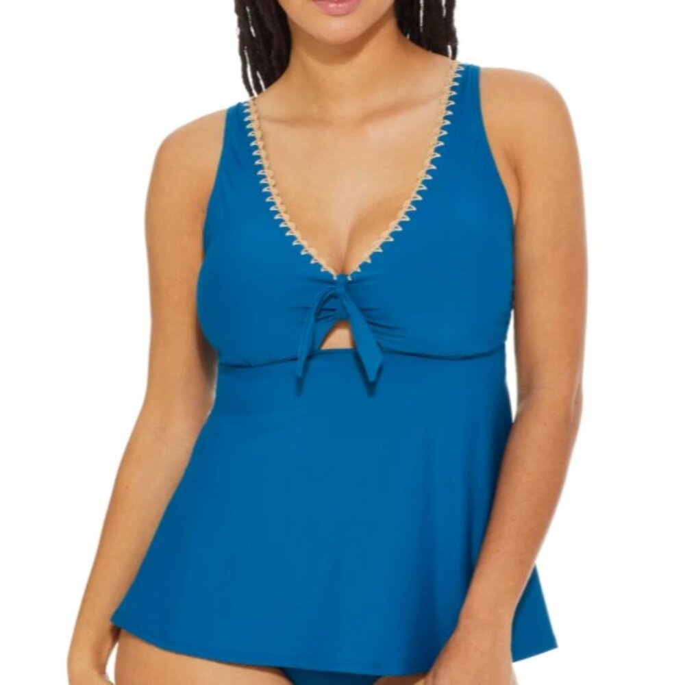 Birdsong Size 36DD Underwire‎ Teal Blue Crochet Tie Front Tankini Swim Top